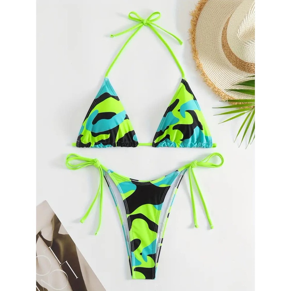 Camouflage Triangle Top Side Tie High Waist String Bikini Medium A-D Cup